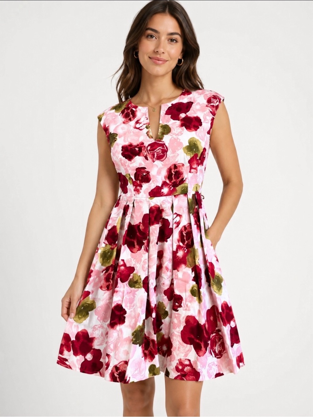 BB Dakota Floral Fit & Flare Dress in Pink and Red size 8 EUC cap sleeve pleated